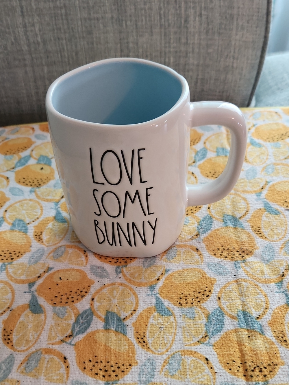 Rae Dunn White Ceramic Mug with Light Blue Interior - Love Some Bunny